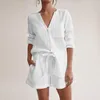 Dames slaapkleding hiloc pocket witte katoenen pakken met shorts vrouwelijke veter lange mouwen set vrouw 2 stuks vneck dames pyjama veer 230228