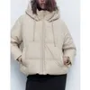 Kadın Yün Karışımları Kadın Yün Karışımı Kış Vintage Sivan Deri Gevşek Kapşonlu Cepler Pamuk Ceketleri Moda Sıcak Kalın Pu Parkas Kadın Dış Giyim Üstleri 230227