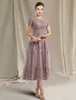 A-Line Mother of the Bride Dress 2023 Свадебные гостевые платья T Jewel Nece Tea Length Loce Tulle с коротким рукавом с аппликациями Root De Soiree