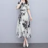 Casual Dresses Women Ruffle Half Sleeve V-ringen Swing Long Dress Kinesisk bläck Målning Floral Print Empire Midja A-Line Pleated Sundress K3kf