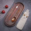 Dinnerware Sets Japanese Portable Wood Tableware Spoon Chopsticks Fork Set With Cloth Pack Travel Suit Environmental Gifts