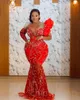 아랍어 2023 ASO EBI Mermaid Red Prom Dresses Crystals Beaded Evening Formal Party Second Reception Exection Gowns Dress ZJ777