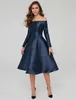 Bleu marine Robe De Bal Courte Longueur Au Genou À Manches Longues Hors Épaule Satin Formelle Robes De Cocktail Robe De Soirée Robes De Fiesta 2023