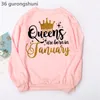 Womens Hoodies Sweatshirts Birthday Gift Pink Women Clothes Golden Crown Queen Are Born In January To December Graphic Print Sweatshirt Femme 2302273ZZG