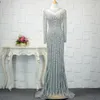 Party Dresses Luxury Champagne/Grey Crystal Beading Vestidos De Festa Sequins Mermaid Formal Long Evening Full Sleeve Prom Gowns