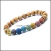 Cuentas de madera con cuentas Árbol de la vida 7 Chakras Pulsera de hilo Piedra de lava Difusor de aceite Pulseras Buda Energía Yoga Mujeres Hombres Joyería Dr Dhkmu