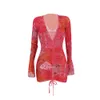 Women Casual Dresses Sexy Mesh See Through Dress Deep V Neck Print Flare Sleeve Bodycon Party Club Mini Dress