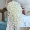 Wedding Flowers Luxury Bride Bouquet Marriage White Flower Bridal Pearl Handmade Waterfall Drop Dht1G