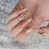 False Nails 24pcs Elegant French Ballerina Glitter Pink Gradient 3D Fake Nail With Rhinestones Full Cover Press On