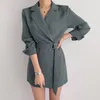 Robes décontractées femmes printemps col rabattu à manches longues Blazer robe Vintage bureau dame Sashe taille haute rayé élégant Vestidos