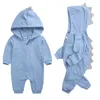 Jumpsuits Spring Kids Tales born Baby Romper Suit Solid Hooded Dino Boys Girls Romper Cotton Babywear 4 Colours 230228