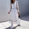 Casual Dresses 2023 Autumn Elegant Wrap V Neck Party Dress Retro Loose Ruffle Long Sleeve Maxi Women Fashion Floral Print