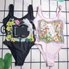 Stor bokstavslogotyp badkläder blomma mönster bikini kvinnor en bit baddräkt söt rosa baddräkt systrar bikinis