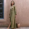 Casual Dresses Vintage Women Long Dress Ruched Solid Color Sleeve Deep V-Neck Buttons Split Ladies Elegant Party Evening