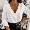 Bloups feminina feminina Blusa casual verão de manga longa Tops elegantes v pesco