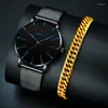 Montres-bracelets 2023 Hommes Mode Minimaliste Bracelet Montres De Luxe En Acier Inoxydable Maille Ceinture Quartz Montre Hommes D'affaires Horloge Relogio