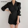 Casual Dresses Women Spring Turn Down Collar Long Sleeve Blazer Dress Vintage Office Lady Sashe High Waist Striped Elegant Vestidos