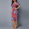 Casual jurken Elegante rode bloemenprint feestjurk voor vrouwen zomer v-neck korte mouw slank kantoor dame mermaid bodycon midi vestidos