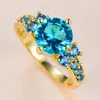 Wedding Rings Vintage Female Aqua Blue Crystal Stone Jewelry Charm Gold Color Thin For Women Luxury Round Zircon Engagement Ring