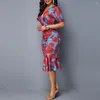 Casual jurken Elegante rode bloemenprint feestjurk voor vrouwen zomer v-neck korte mouw slank kantoor dame mermaid bodycon midi vestidos