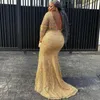 2023 Gold Evening Dresses Wear Sexy Mermaid Jewel Neck Illusion Long Sleeves Full Lace Appliques Open Back Formal Mother Party Prom Gowns Custom