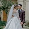 2023 semplici nuovi abiti da sposa in raso una linea con elegante o collo in pizzo applique maniche lunghe lunghezza del pavimento abiti da sposa abito da sposa economici personalizzati