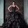 Rami Kadi Siyah Balo Elbise Gelinlik Spagetti Kayışları Vintage Dantel Organza fırfırlar kabarık gotik gelin resmi elbise Düğün G328Q