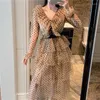 Casual Dresses Elegant Ladies Long Sleeve V Neck Maxi For Women Korean Fashion Retro Spring 2023 Mesh Ruffled Polka Dot Design Dress