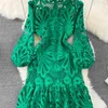 Basic Casual Dresses Vintage Hollow Out Lace Floral Embroidery Dress for Women Spring Stand Collar Puff Sleeve High Waist Mermaid Short 230531