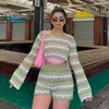 Women's Shorts Knitted Set Women Outfits Hollow Out Casual Long Sleeve Top High Waist Sweater Two Piece In Matching Sets