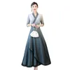 Vestidos antigos hanfu feminino estilo chinês verão retro bordado vestido longo han elemento vneck meia manga chiffon zen roupas h361