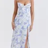 캐주얼 드레스 여성 미드 바디콘 드레스 꽃 프린트 스파게티 스트랩 사이드 스플릿 로우 컷 V- 넥 소매 여름 파티 클럽 슬릿