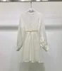 Casual Dresses Cotton Embroidery Women Green White Long Sleeve Dress With Pearls Button Sticked Belt