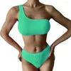 Women's Swimwear 2Pcs/Set One Shoulder Full Cup Pleated Wave Bikini Set Women Bandeau Bra High Waist Briefs Swimsuit Beachwear