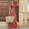 Основные повседневные платья Boho Paisley Плант для печати женщин Элегантный V шея пояс с коротким рукавом большой подол длинные платья летнее винтажное пляжное платье макси 230531