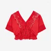 Women's Blouses 2023 Ladies Bohemian Lace Fashion Streetwear Blusas Tassel Crop Tops Short Sleeve Vintage Casual V-neck Fringe Women Blouse