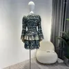 Vestidos casuais com babados em cascata minivestido bege floral estampado com folhas azul preto 2023 outono coleção de alta qualidade roupa de cordão