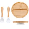 Bowls Bopoobo 3Pcs/Set Baby Bamboo Sucker Plates Fork Spoon Sets Non-slip Tableware Children's Feeding Dishes BPA Free Drop