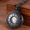 Pocket Watches Luxury Black Mechanical Watch for Men Kvinnor Vintage Graverad romersk siffra Dial Fob Chain Pendant Clock Collection