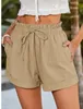 Kvinnors shorts 2023 Summer Kvinnors solida färg Lossa Casual Girl's Outdoor Vacation High midja Elastic spetsar upp Beach