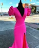 Fitted Prom Dress 2k23 Short Puff Sleeves Slit Fuchsia Crepe V-Neck Lady Pageant Gown Winter Formal Evening Party Wedding Guest Red Capet Runway Mother of the Bride