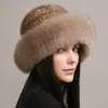 Women's Real Mink Fur Hat Knitted Bowler Hat Top Hat Winter Warm Outdoor Beanie Cap W Fox Fur Brim