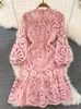 Basic Casual Dresses Vintage Hollow Out Lace Floral Embroidery Dress for Women Spring Stand Collar Puff Sleeve High Waist Mermaid Short 230531