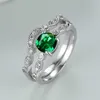 Bant Yüzük Yeşil Zirkon Yuvarlak Çift Yüzük Dainty Kristal Kadın Düğün Seti Gümüş Renk Gelin Setleri Kadın Mücevherleri