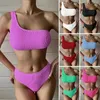 Women's Swimwear 2Pcs/Set One Shoulder Full Cup Pleated Wave Bikini Set Women Bandeau Bra High Waist Briefs Swimsuit Beachwear