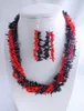 Colar Brincos Conjunto Encantador Natural Vermelho Preto Coral Africano Bijuterias Conjuntos de Contas Irregulares Feito à Mão 19"