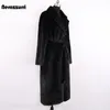 ドレスnerazzurri冬の長い白い黒い暖かいふわふわした毛皮のコート女性長袖ベルトラペルスタイリッシュな韓国ファッションボタンなし
