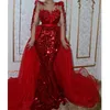 Gillter Sequins Beaded Mermaid Prom Occasion Dresses with Detachable Train Illusion Long Sleeve Floral Princess Evening Gown