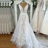 Bohemian Deep V-Neck Wedding Dresses Illusion Appliques Lace A Line Bridal Gowns Sweep Train Civil Robe de Mariee