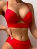 2023 New Women's 2 PCS Swimsuit Ladies Bikini مجموعة ألوان صلبة بلا أكمام دفعت أعلى صدرية مبطنة